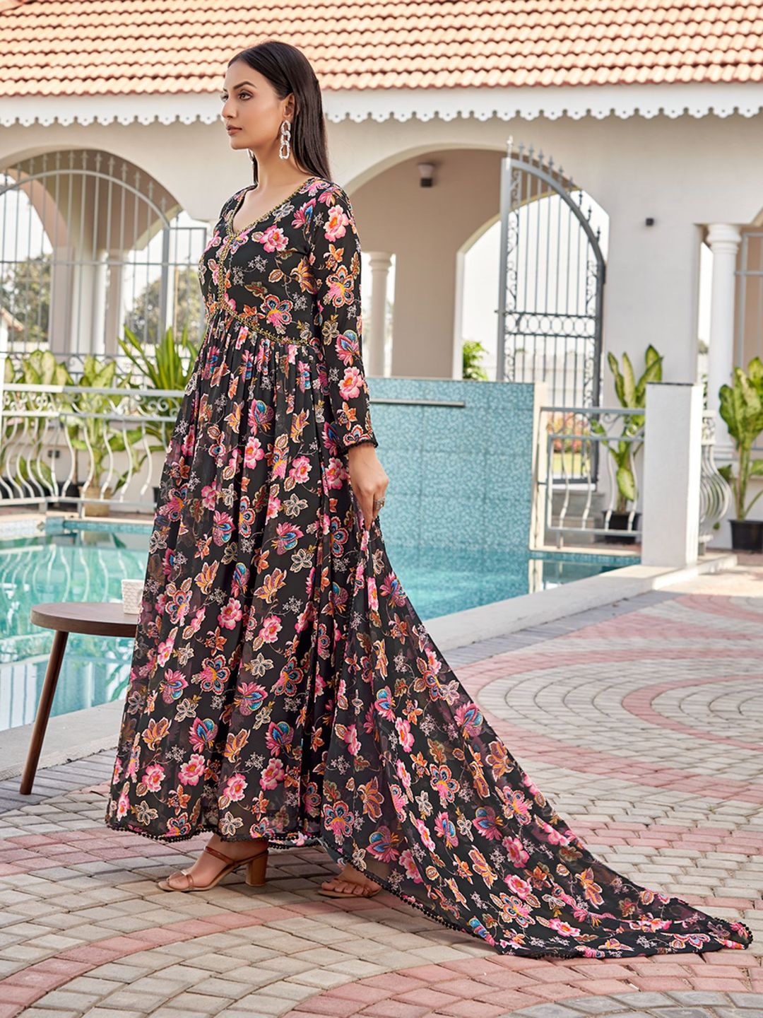 Black Floral Printed Georgette Anarkali with Dupatta
