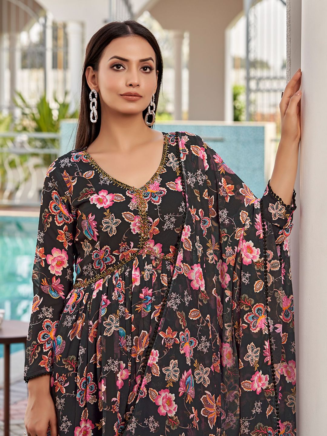 Black Floral Printed Georgette Anarkali with Dupatta