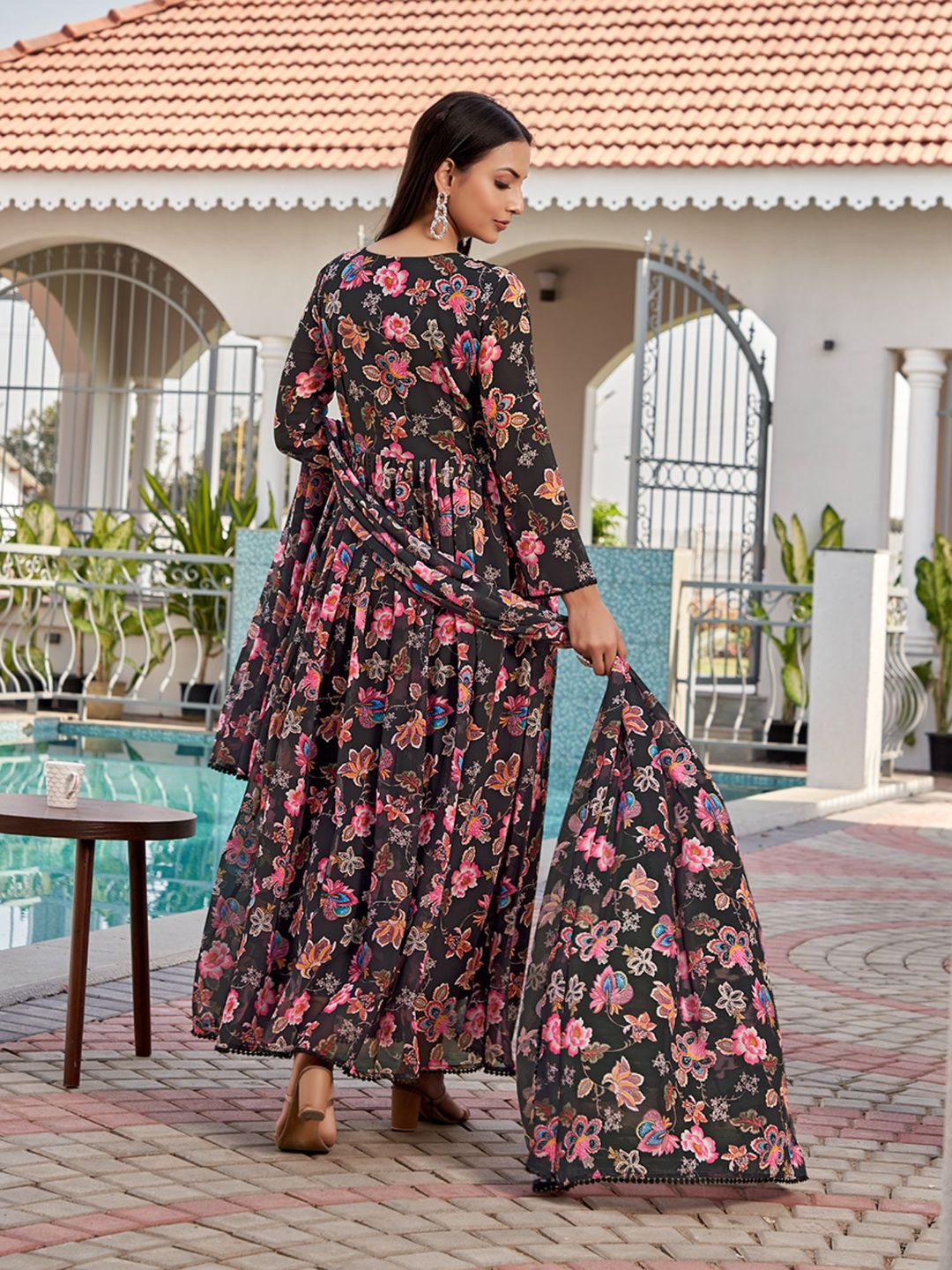 Black Floral Printed Georgette Anarkali with Dupatta