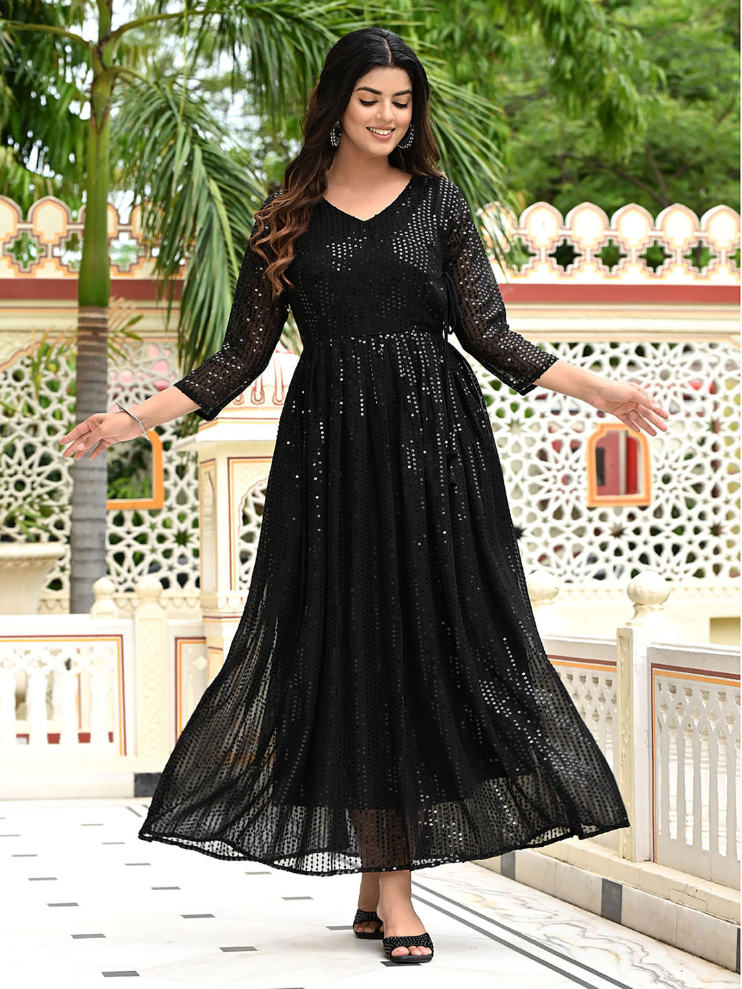 Black Sequins Embroidered Georgette V-Neck Flared Gown
