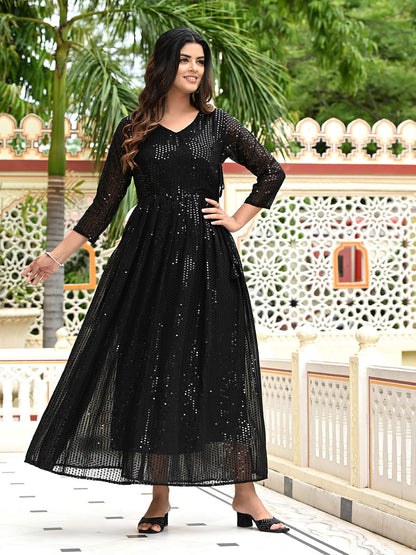 Black Sequins Embroidered Georgette V-Neck Flared Gown