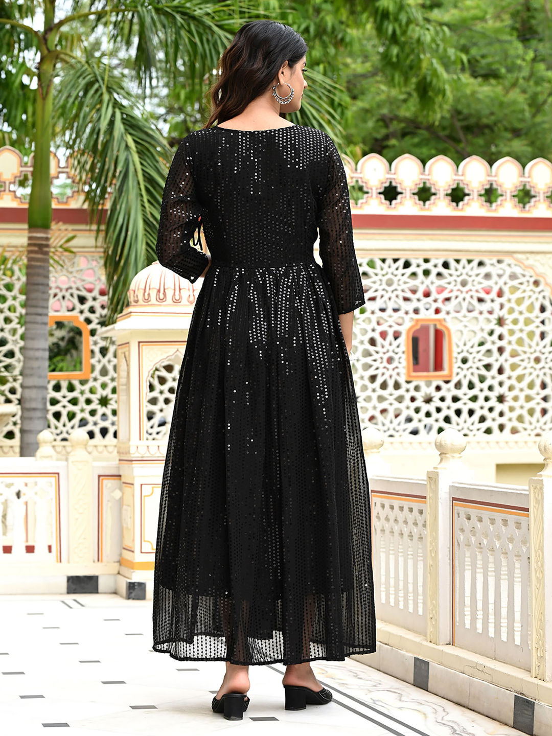 Black Sequins Embroidered Georgette V-Neck Flared Gown
