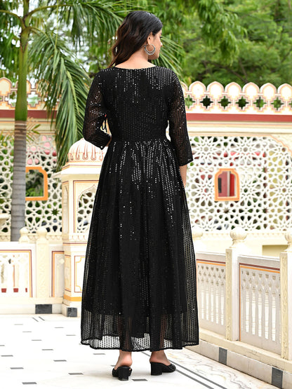 Black Sequins Embroidered Georgette V-Neck Flared Gown