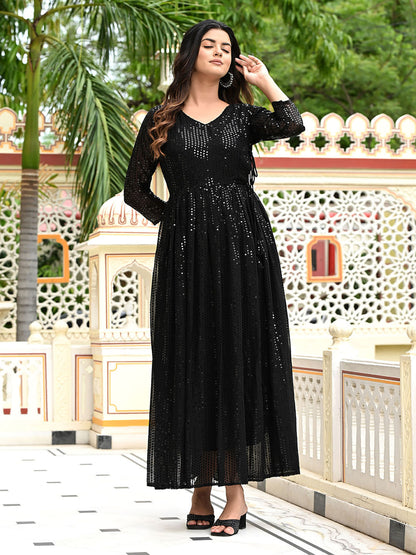 Black Sequins Embroidered Georgette V-Neck Flared Gown