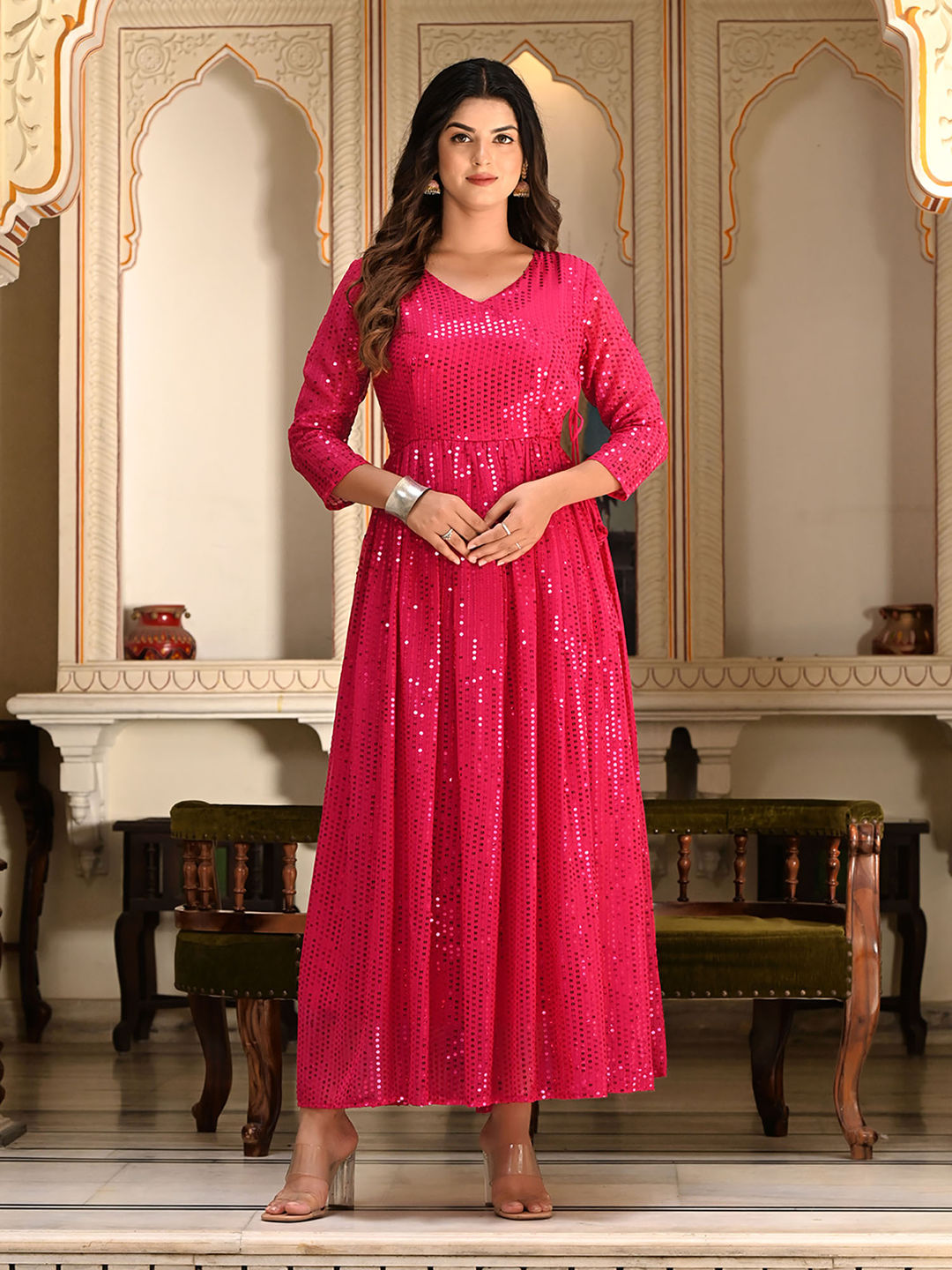 Rani Pink Sequins Embroidered Georgette V-Neck Flared Gown