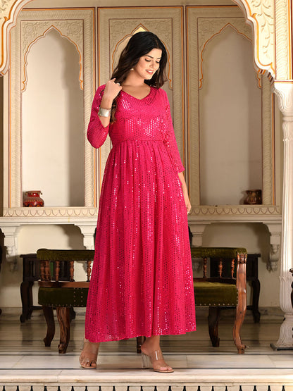 Rani Pink Sequins Embroidered Georgette V-Neck Flared Gown