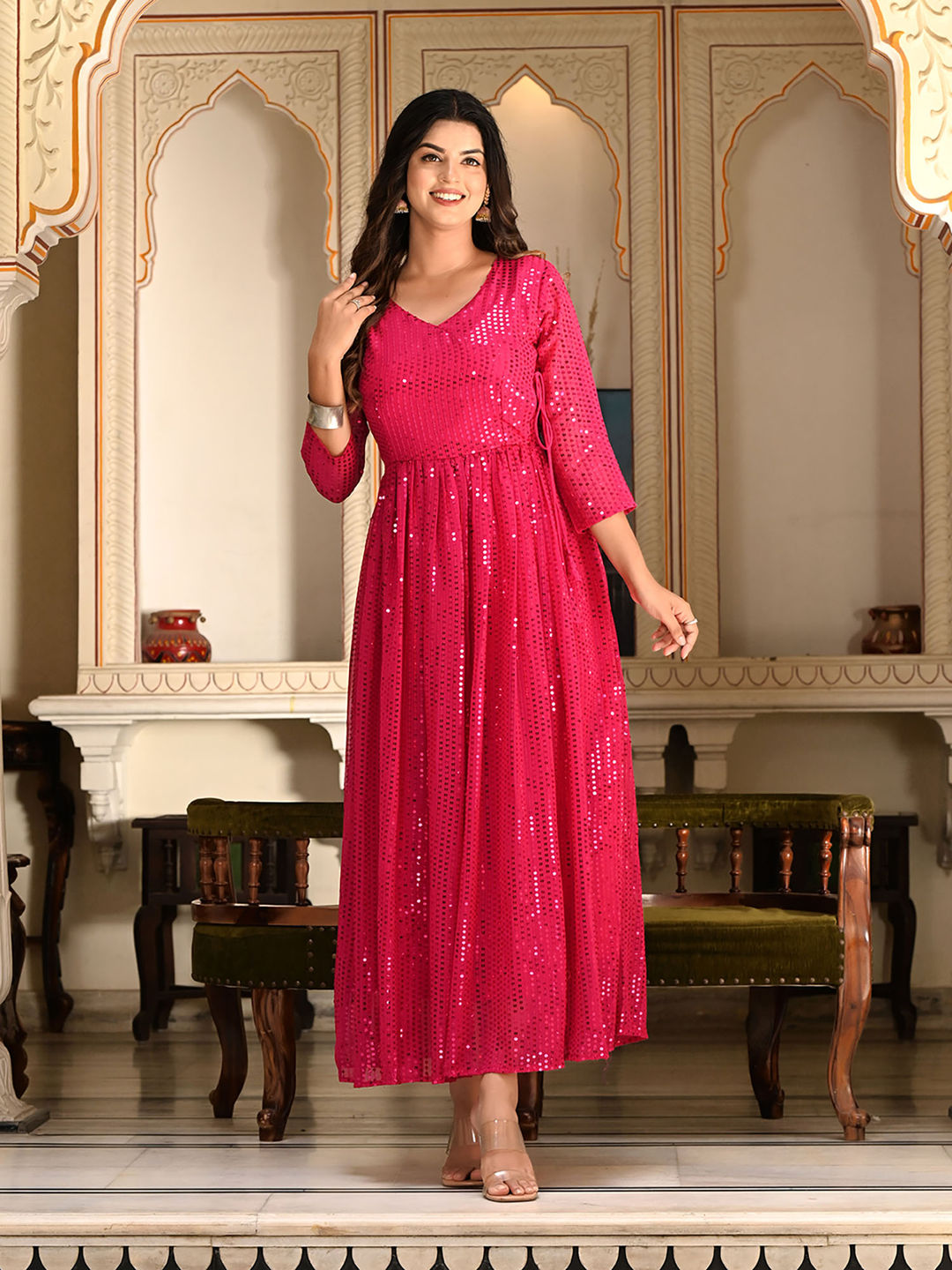 Rani Pink Sequins Embroidered Georgette V-Neck Flared Gown