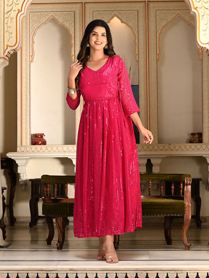 Rani Pink Sequins Embroidered Georgette V-Neck Flared Gown