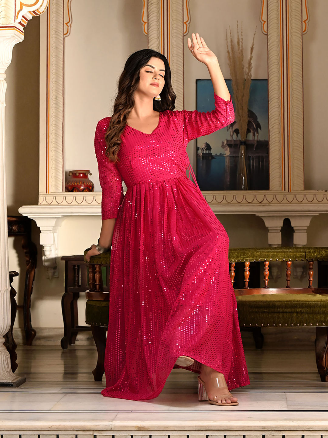 Rani Pink Sequins Embroidered Georgette V-Neck Flared Gown
