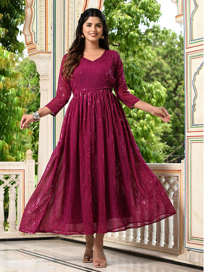 Maroon Sequins Embroidered Georgette V-Neck Flared Gown