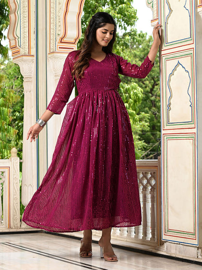 Maroon Sequins Embroidered Georgette V-Neck Flared Gown