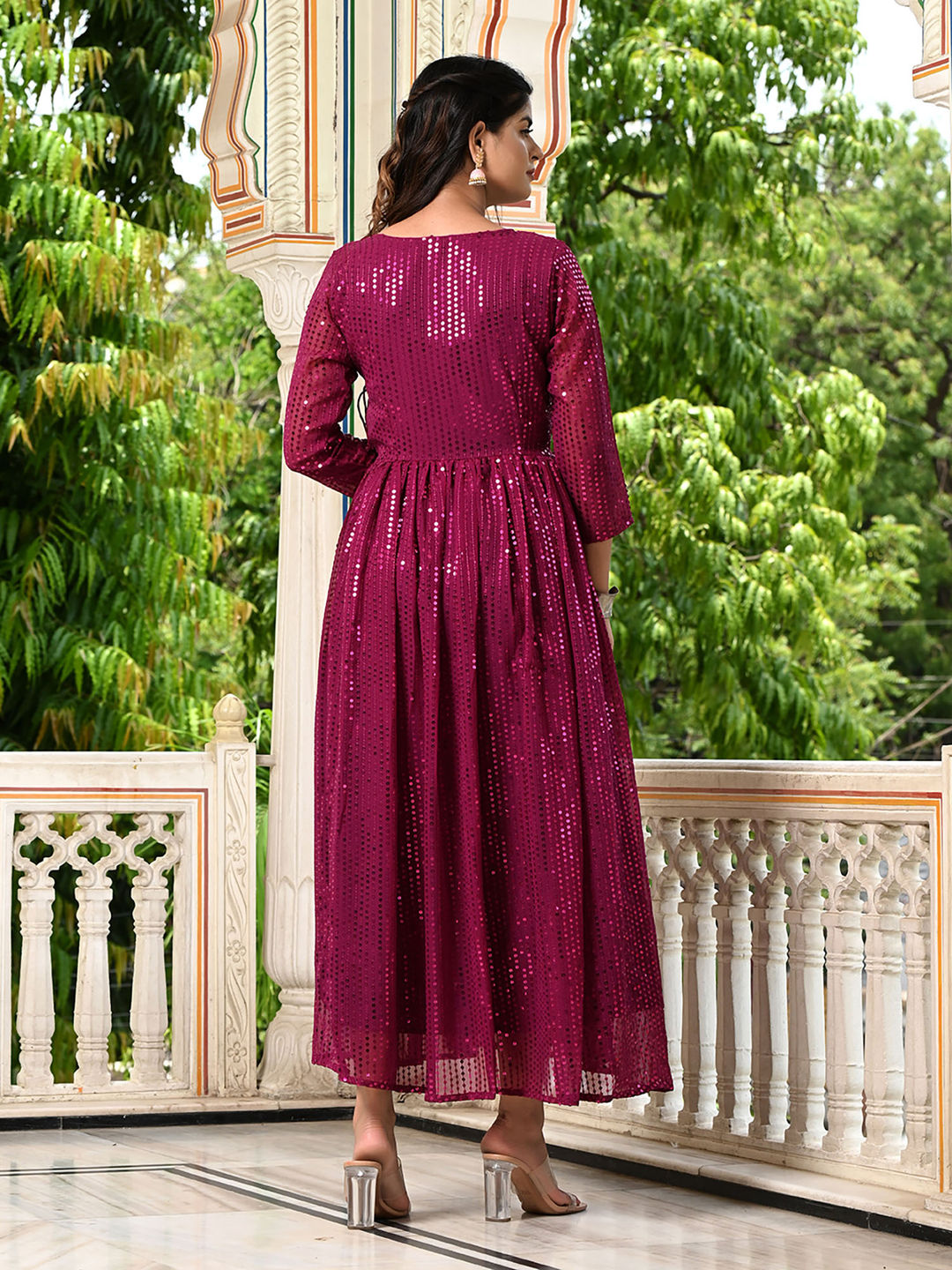 Maroon Sequins Embroidered Georgette V-Neck Flared Gown