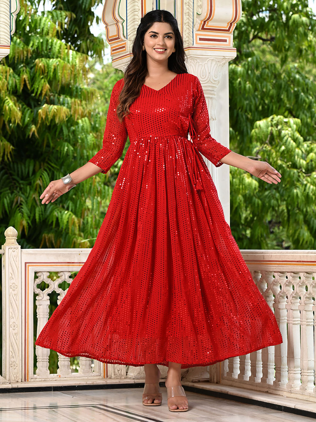 Red Sequins Embroidered Georgette V-Neck Flared Gown