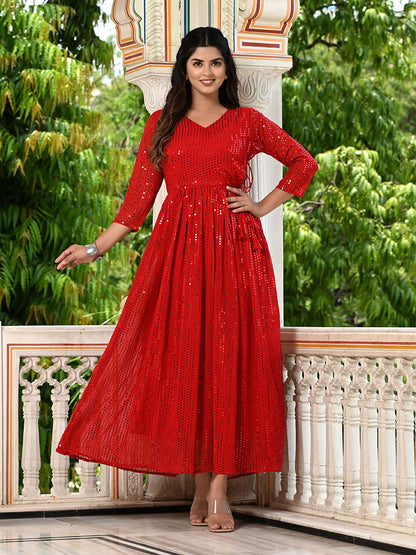 Red Sequins Embroidered Georgette V-Neck Flared Gown