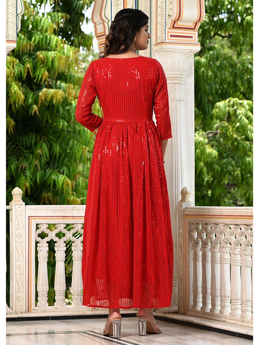 Red Sequins Embroidered Georgette V-Neck Flared Gown