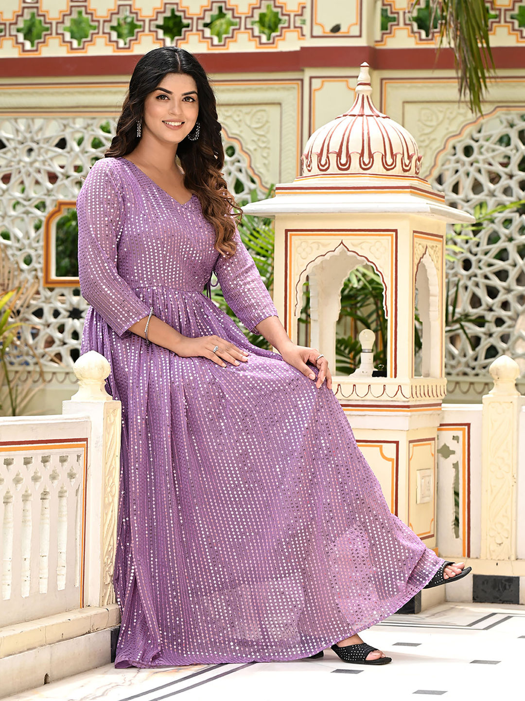 Purple Sequins Embroidered Georgette V-Neck Flared Gown