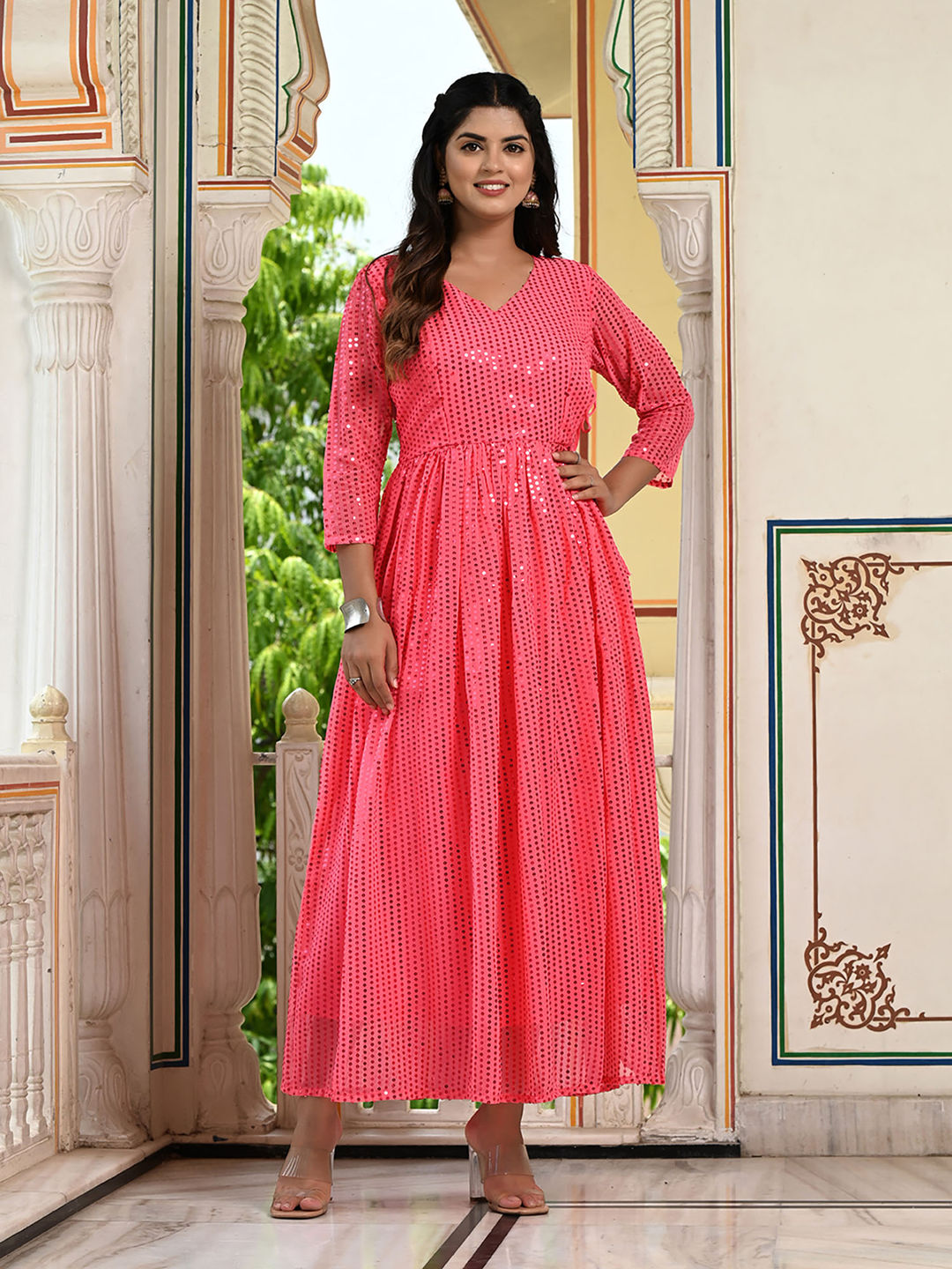 Pink Sequins Embroidered Georgette V-Neck Flared Gown