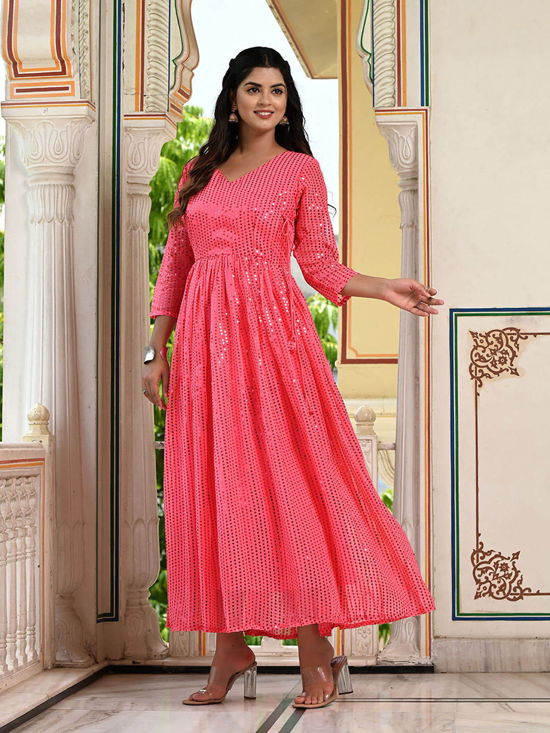 Pink Sequins Embroidered Georgette V-Neck Flared Gown