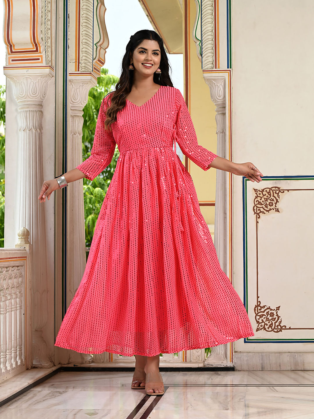 Pink Sequins Embroidered Georgette V-Neck Flared Gown