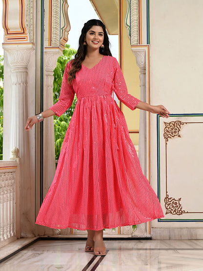 Pink Sequins Embroidered Georgette V-Neck Flared Gown