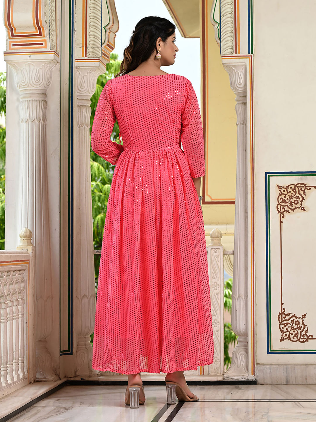 Pink Sequins Embroidered Georgette V-Neck Flared Gown