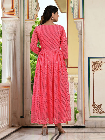 Pink Sequins Embroidered Georgette V-Neck Flared Gown
