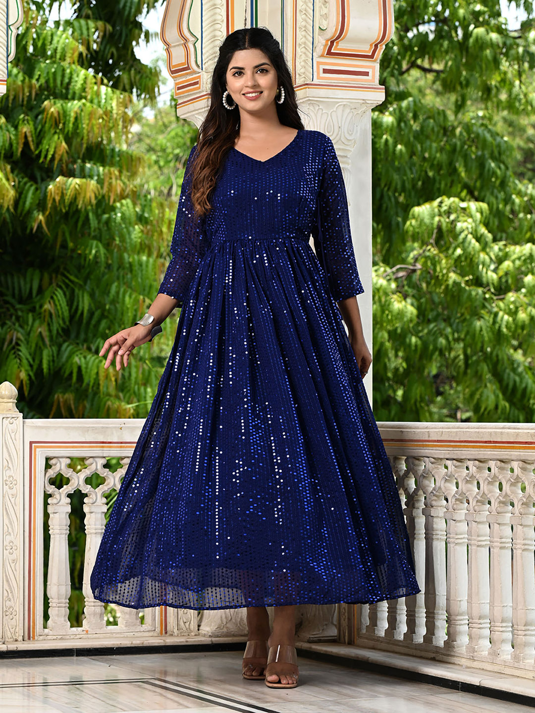 Royal Blue Sequins Embroidered Georgette V-Neck Flared Gown