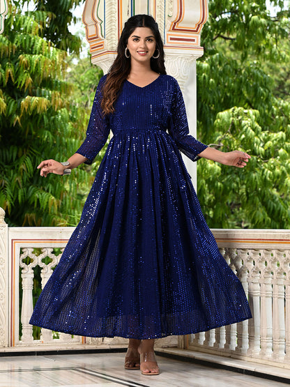 Royal Blue Sequins Embroidered Georgette V-Neck Flared Gown