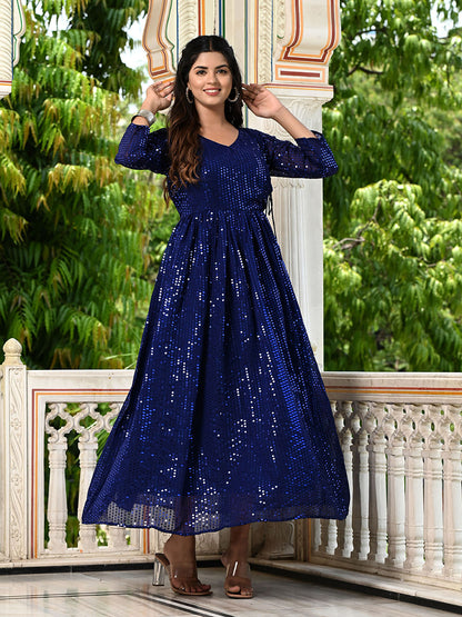 Royal Blue Sequins Embroidered Georgette V-Neck Flared Gown