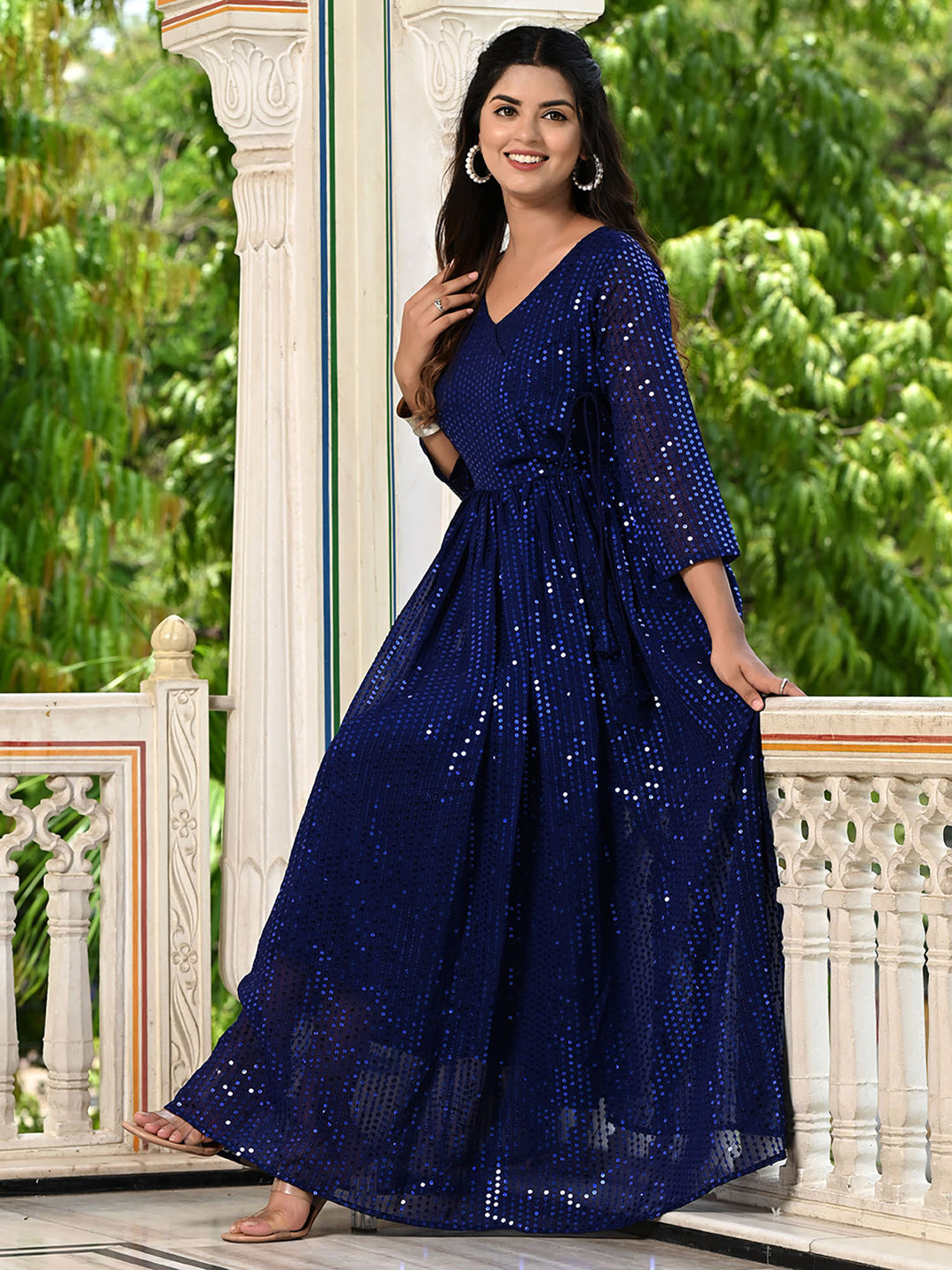 Royal Blue Sequins Embroidered Georgette V-Neck Flared Gown