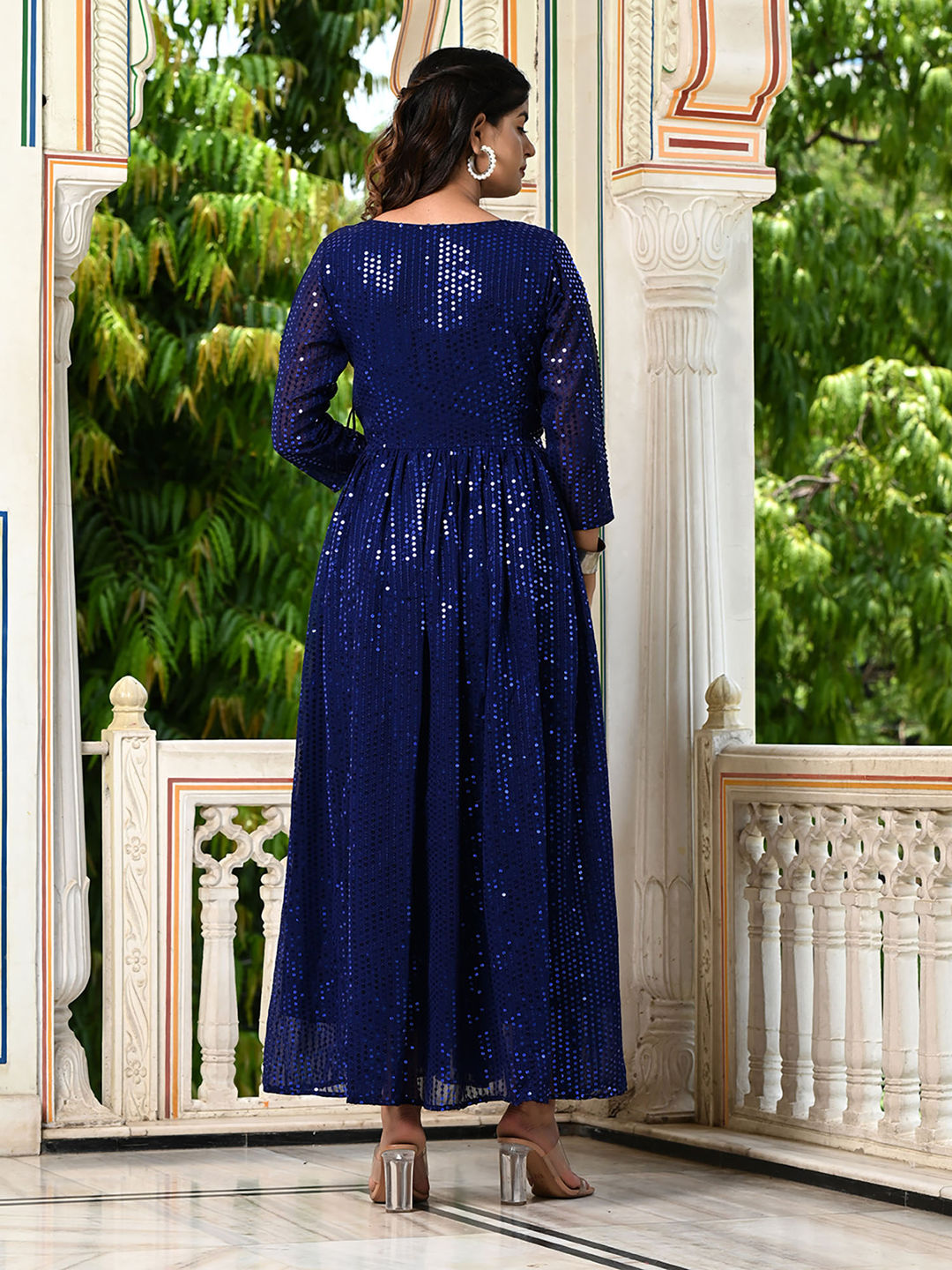 Royal Blue Sequins Embroidered Georgette V-Neck Flared Gown