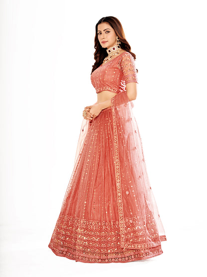 Pink Embroidered Sequined Semi-Stitched Lehenga Choli