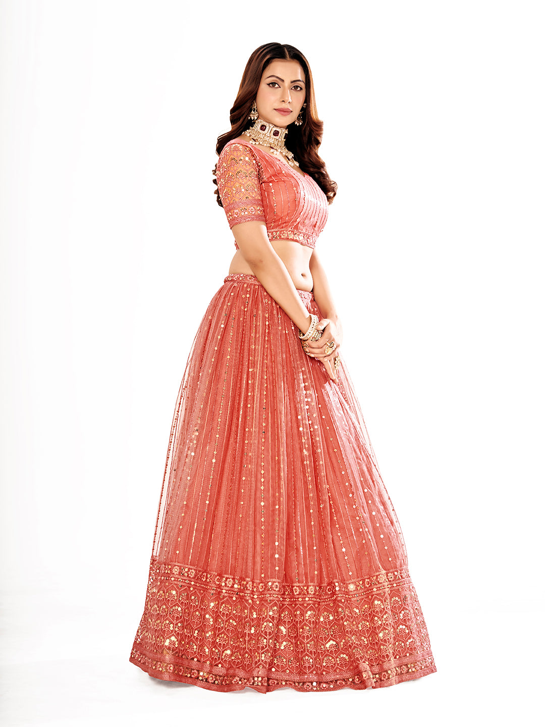 Pink Embroidered Sequined Semi-Stitched Lehenga Choli