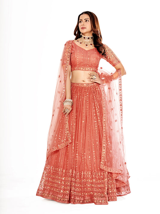 Pink Embroidered Sequined Semi-Stitched Lehenga Choli