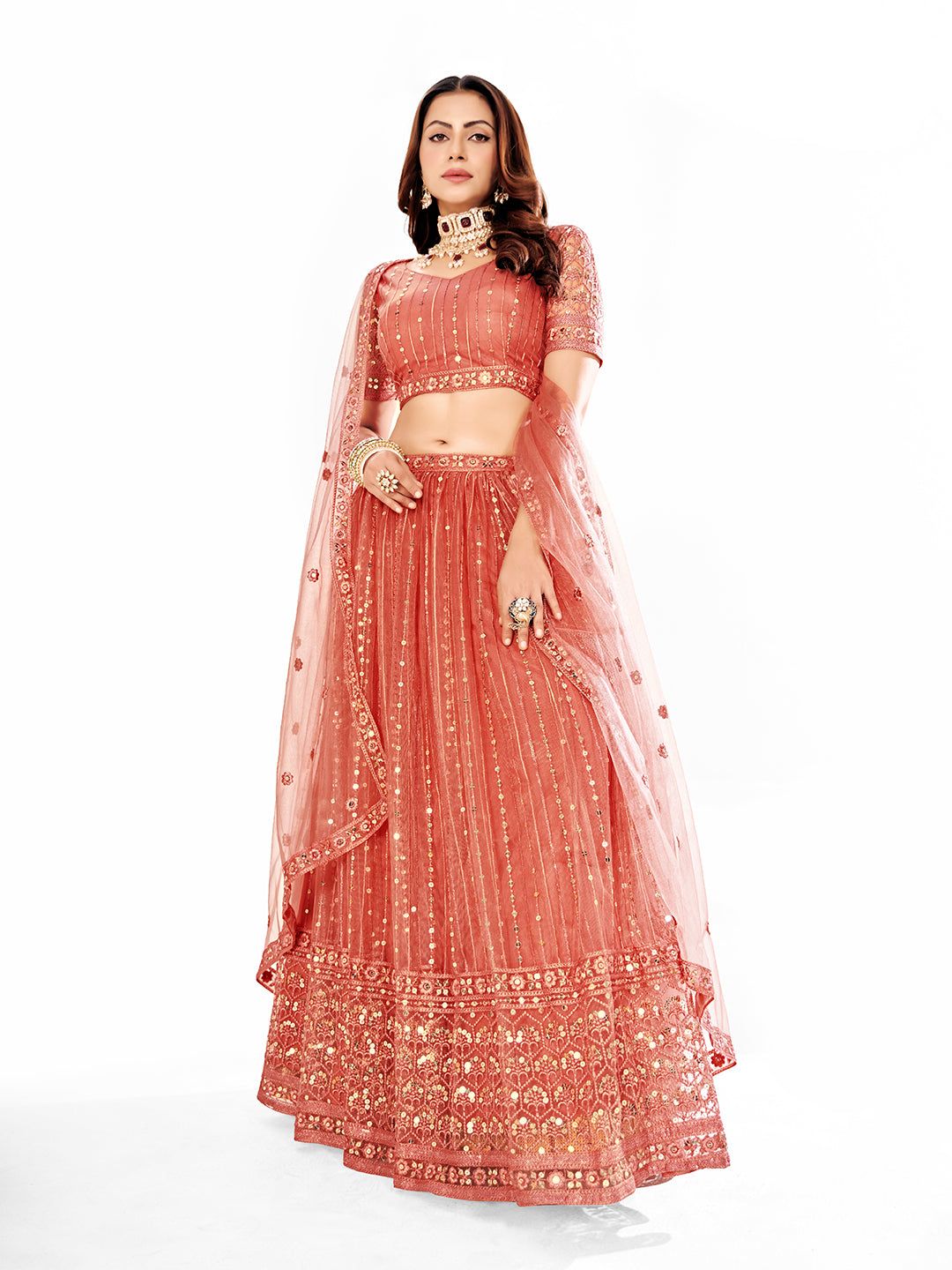 Pink Embroidered Sequined Semi-Stitched Lehenga Choli