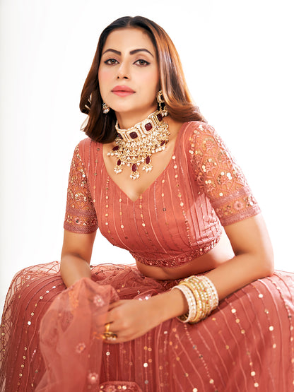 Pink Embroidered Sequined Semi-Stitched Lehenga Choli