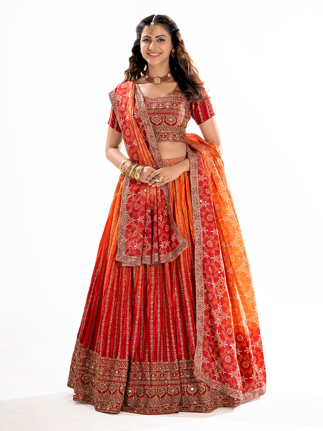 Orange Embroidered Sequined Semi-Stitched Lehenga Choli