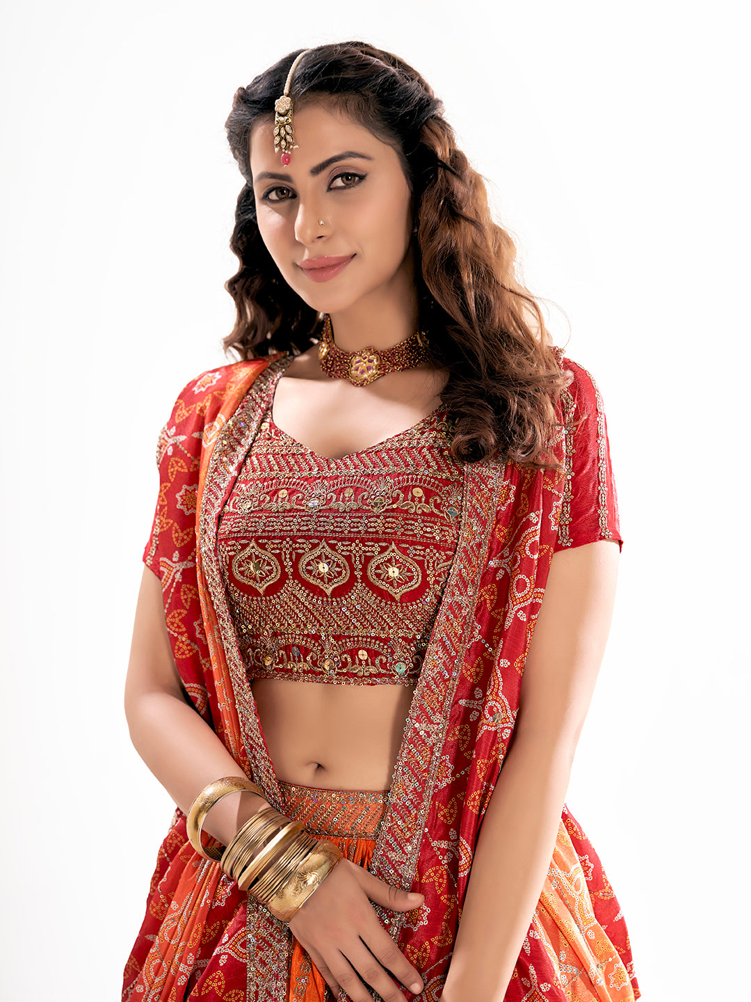 Orange Embroidered Sequined Semi-Stitched Lehenga Choli