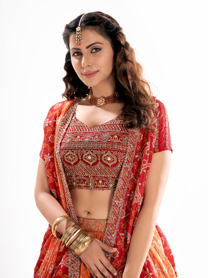 Orange Embroidered Sequined Semi-Stitched Lehenga Choli