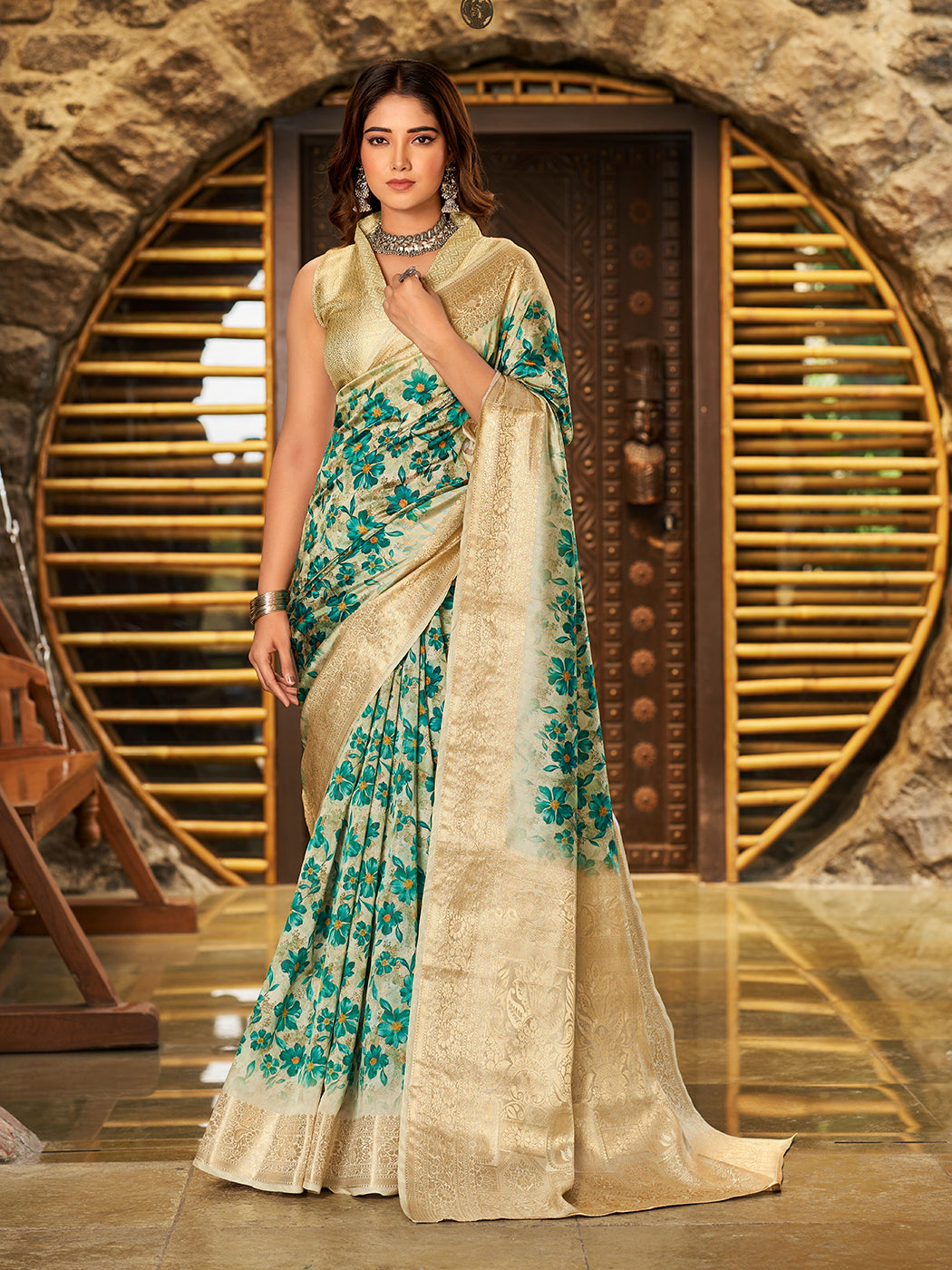 Gorgeous Sea Green Color Saree With Floral Patterns Design .