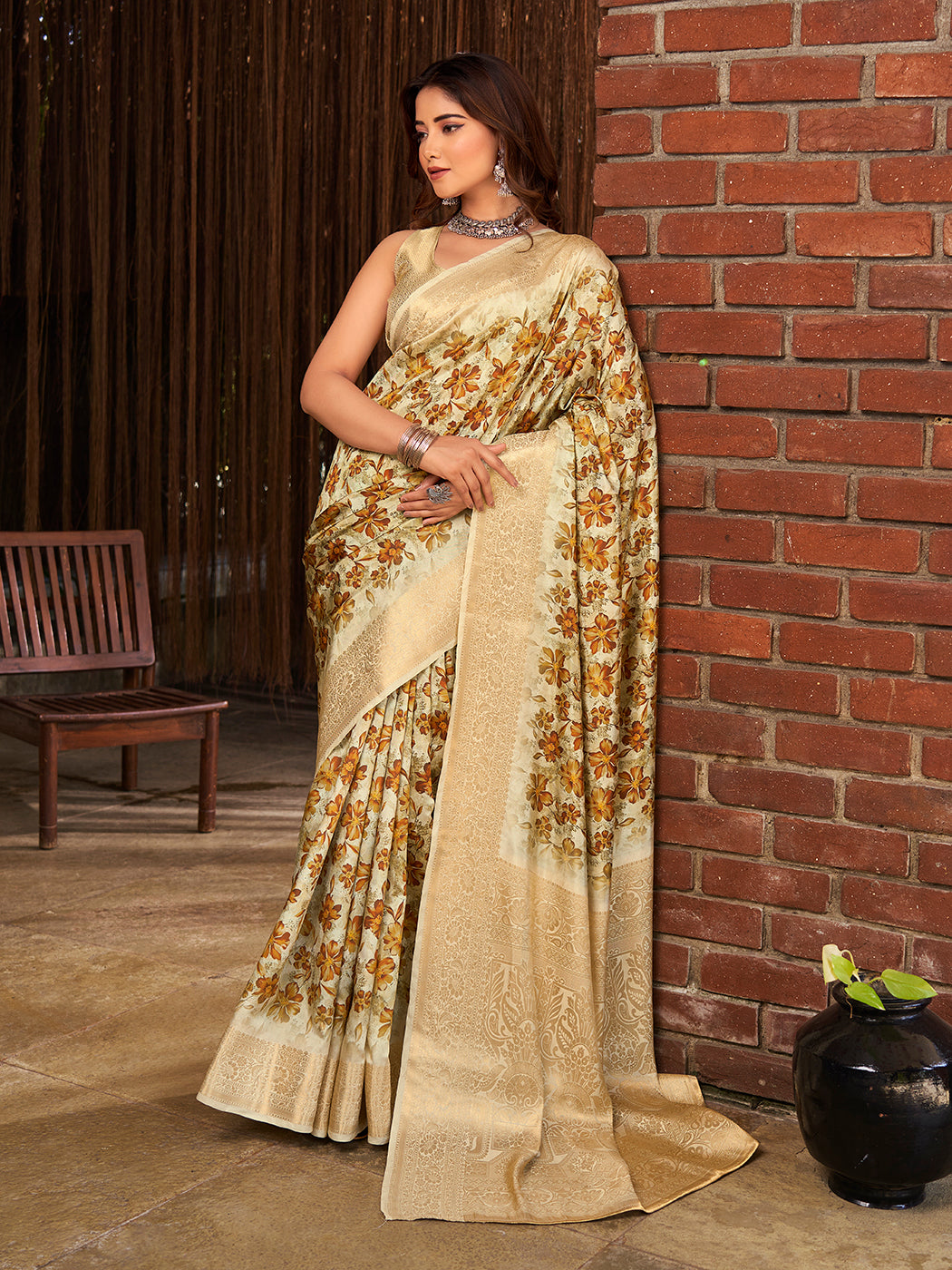 Gorgeous Beige Color Saree With Floral Patterns Design .