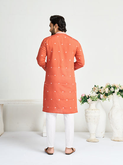 Orange Roman Silk Embroidery work Men's Kurta
