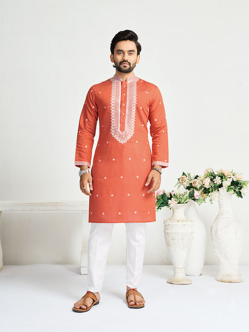 Orange Roman Silk Embroidery work Men's Kurta