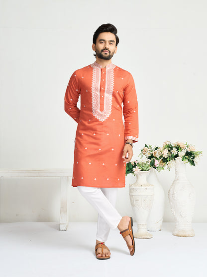 Orange Roman Silk Embroidery work Men's Kurta