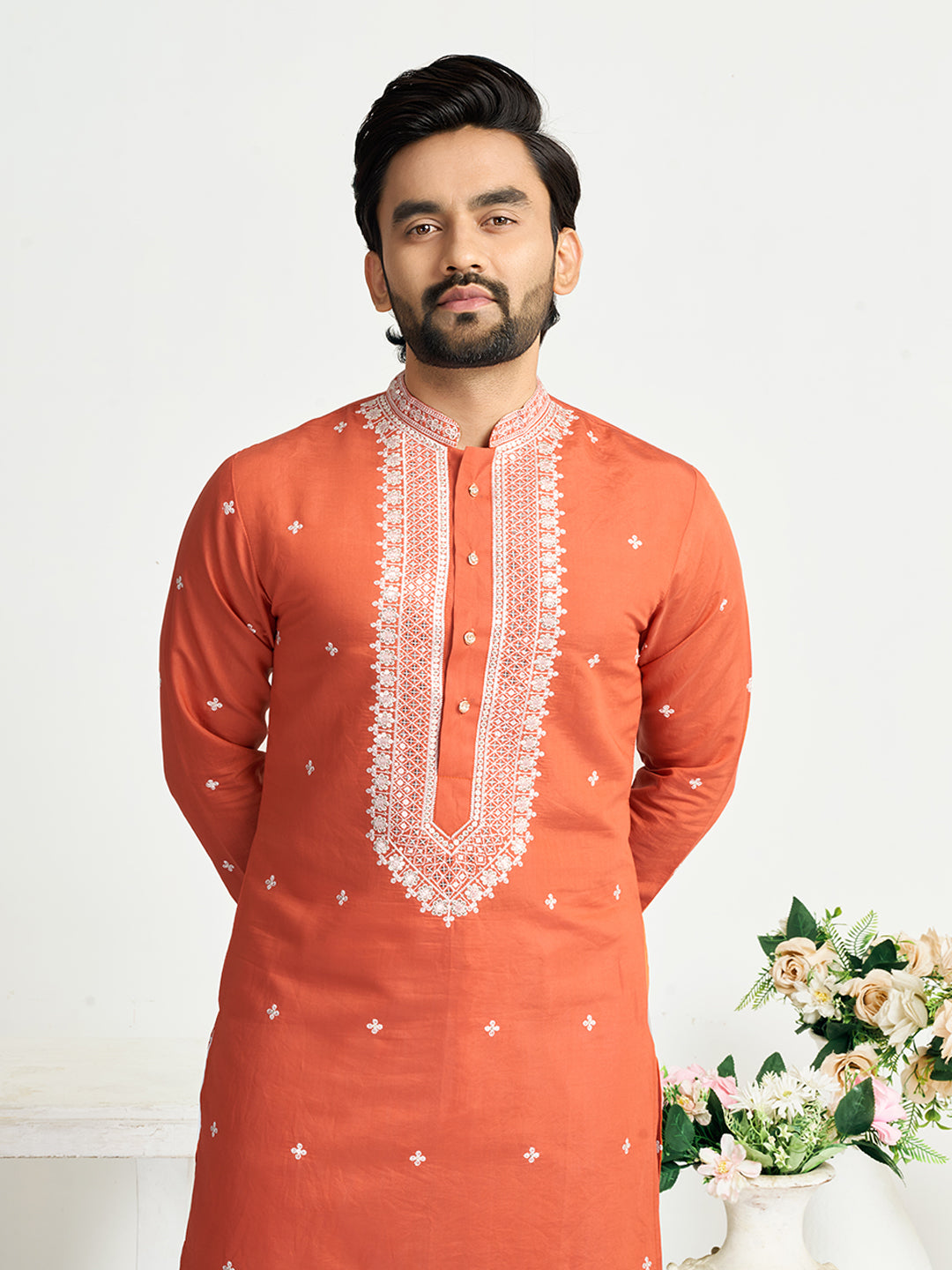 Orange Roman Silk Embroidery work Men's Kurta