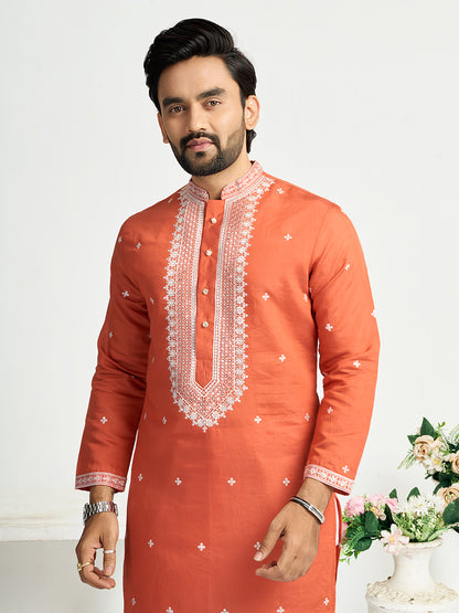 Orange Roman Silk Embroidery work Men's Kurta