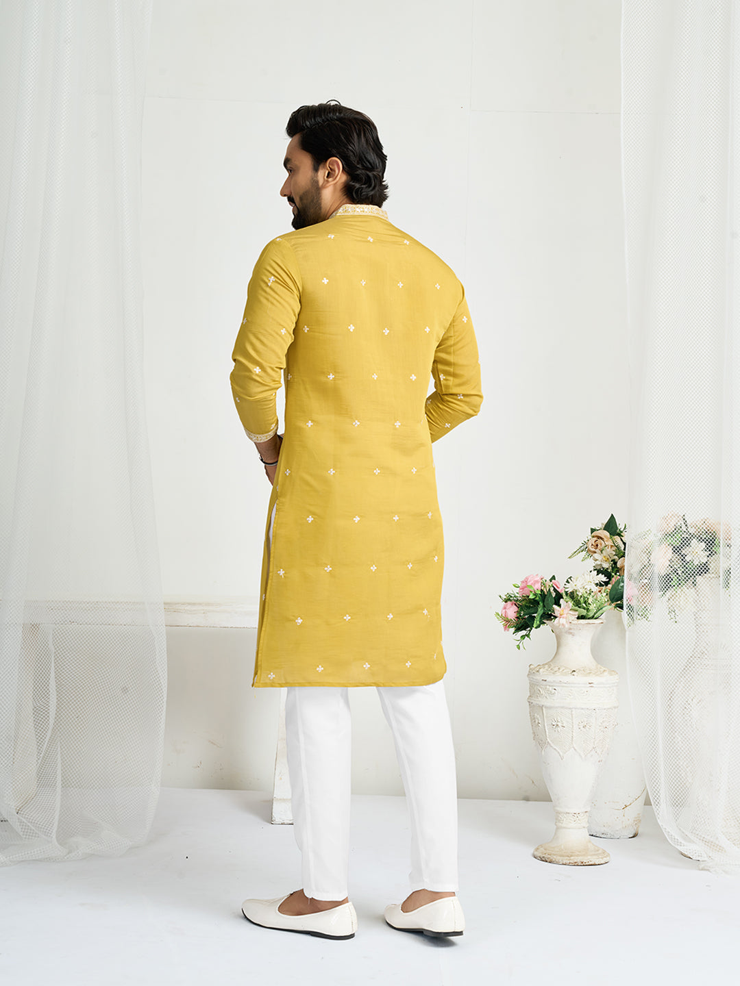 Yellow Roman Silk Embroidery work Men's Kurta