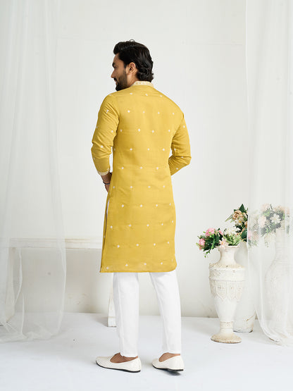 Yellow Roman Silk Embroidery work Men's Kurta