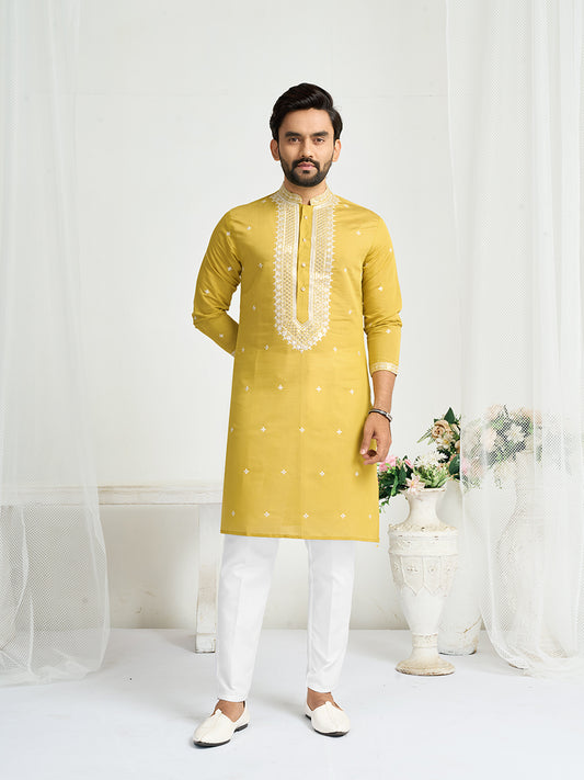 Yellow Roman Silk Embroidery work Men's Kurta