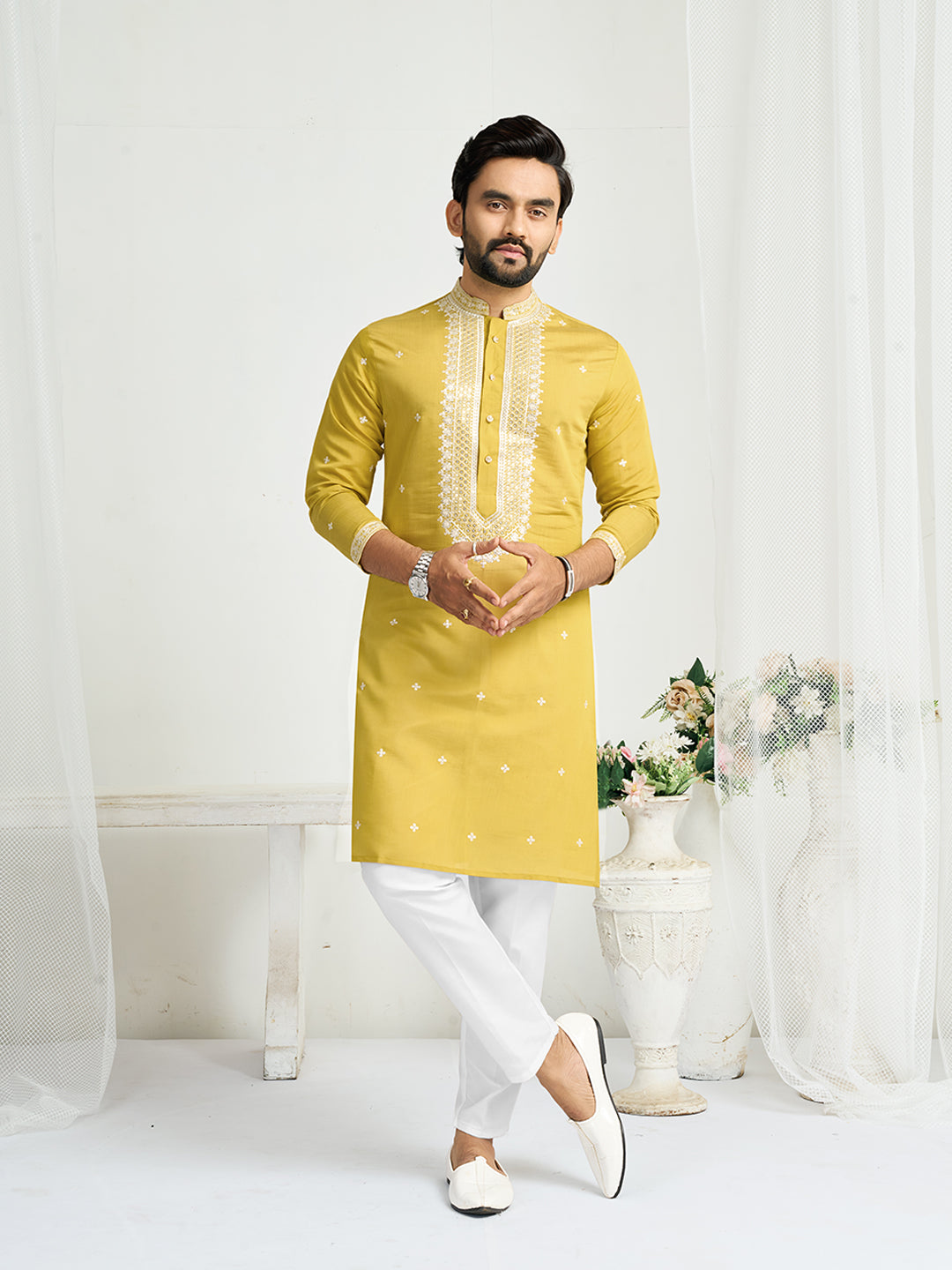 Yellow Roman Silk Embroidery work Men's Kurta